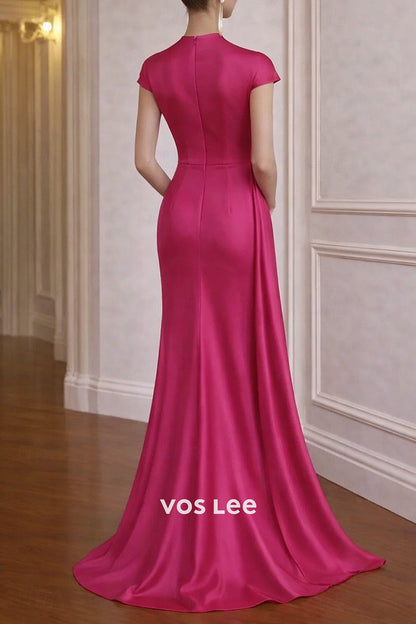 Fuchsia V-Neck Satin Mermaid Gown | 3D Floral Waist Cap Sleeve Evening Dress