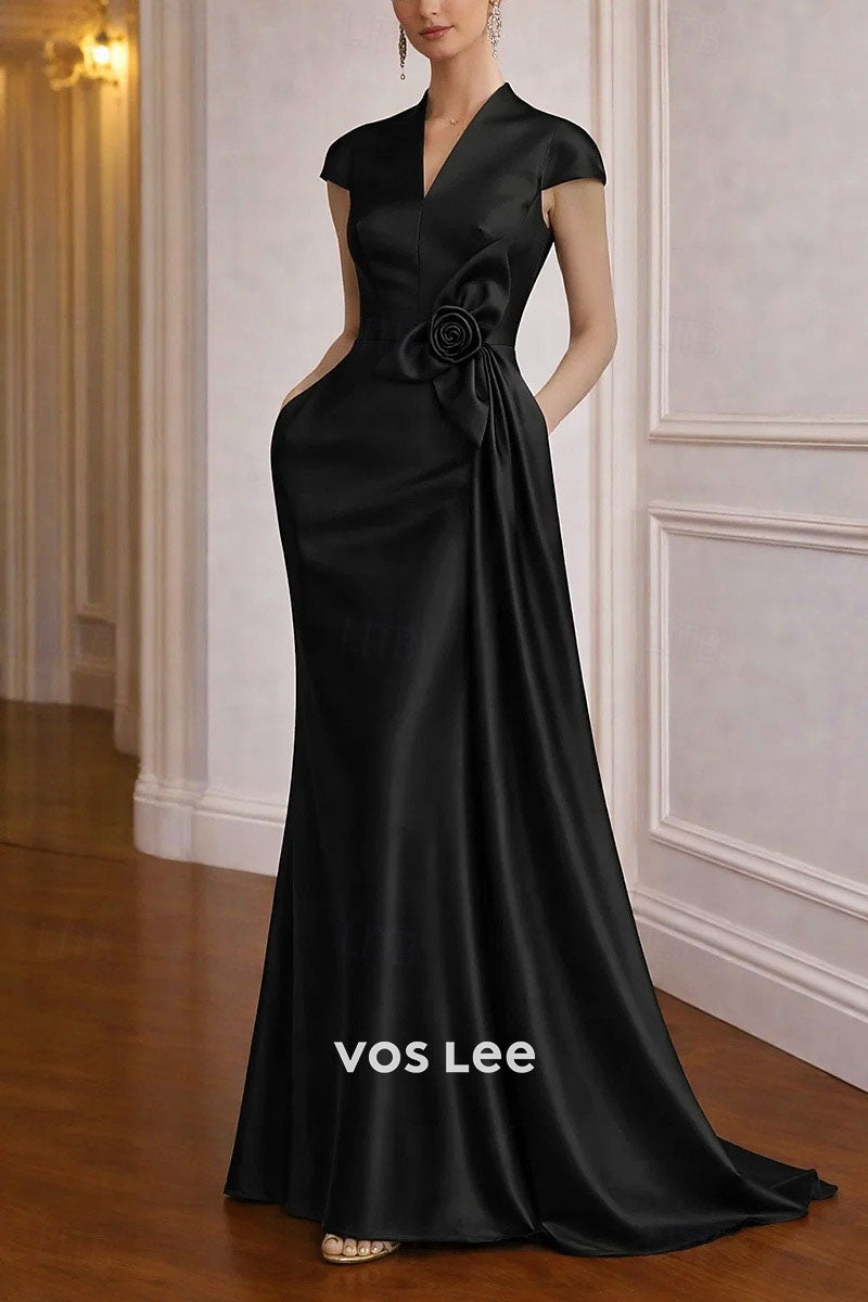 Fuchsia V-Neck Satin Mermaid Gown | 3D Floral Waist Cap Sleeve Evening Dress