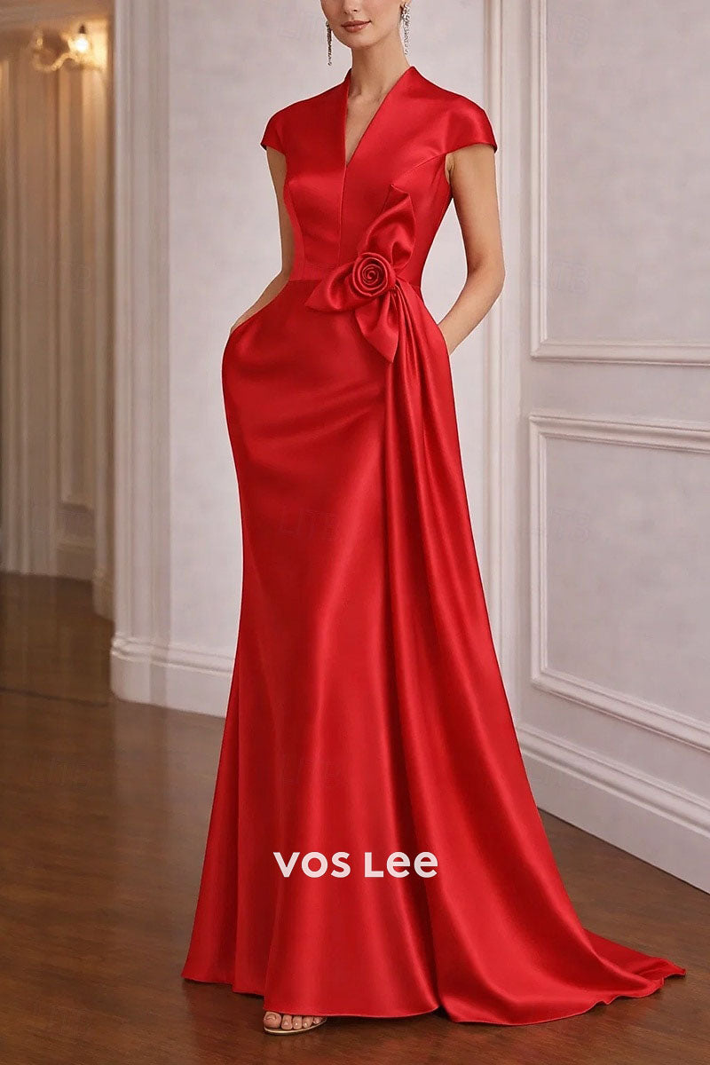 Fuchsia V-Neck Satin Mermaid Gown | 3D Floral Waist Cap Sleeve Evening Dress