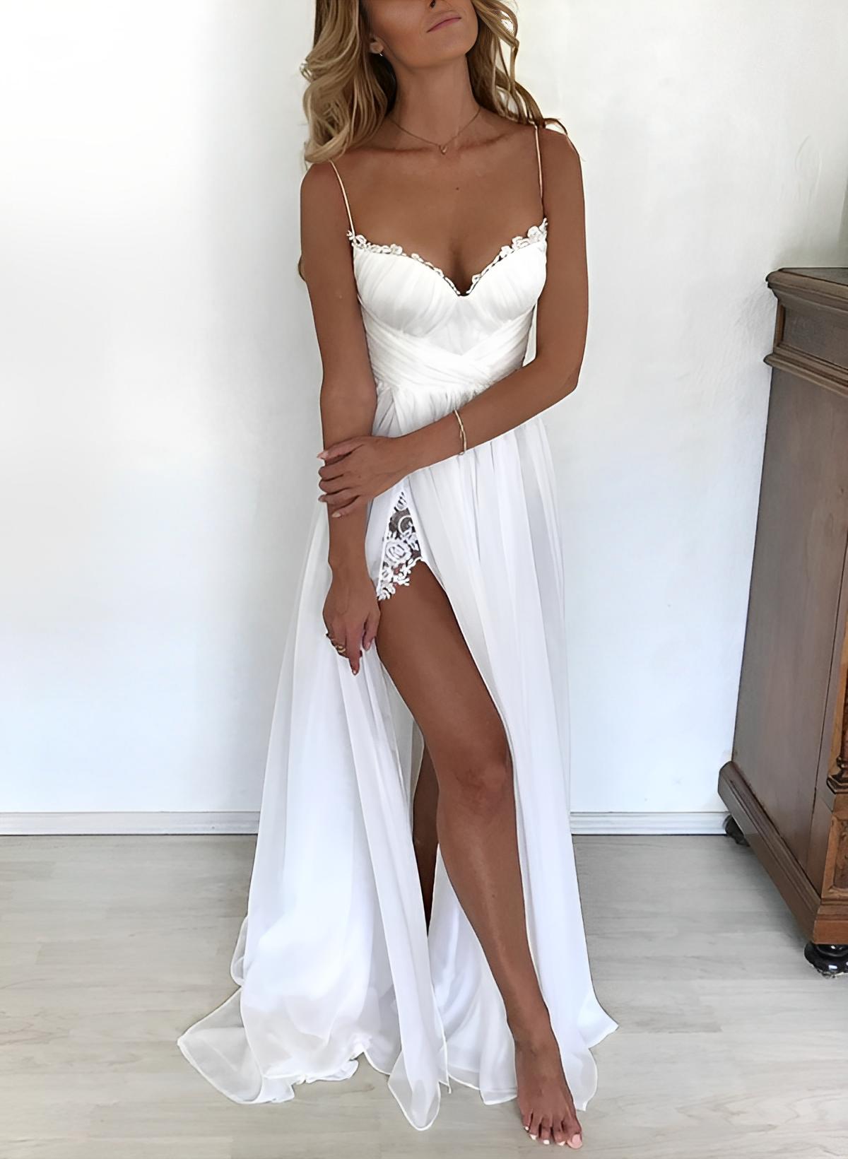 Sexy V Neck Spaghetti Straps Sleeveless A-Line Side Split Zipper Satin Wedding Dress