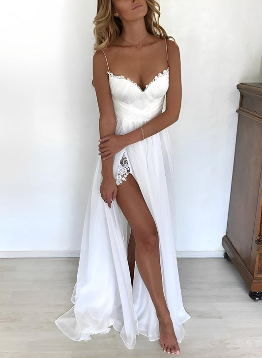Sexy V Neck Spaghetti Straps Sleeveless A-Line Side Split Zipper Satin Wedding Dress