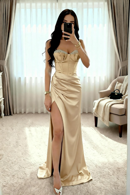 Hot Sweetheart Beaded Neck Baby Blue Mermaid Long Dress with Slit