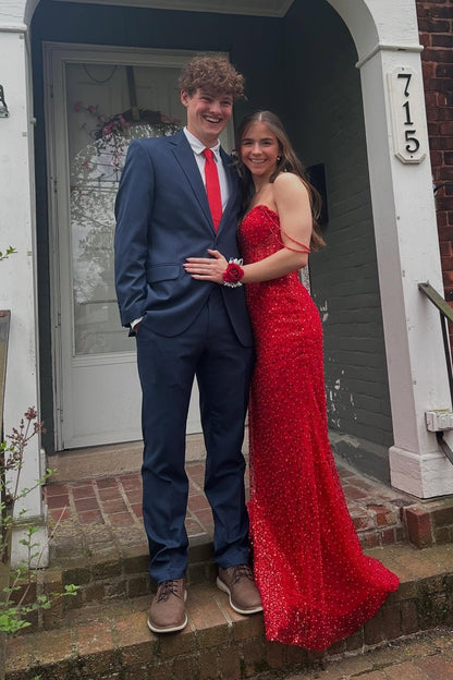 Beaded Straps Red Sequin Mermaid Long Dress