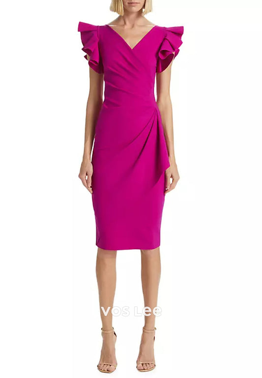 Classic & Simple V Neck Tea-Length Pleated Sheath Mother of Bride Dresses