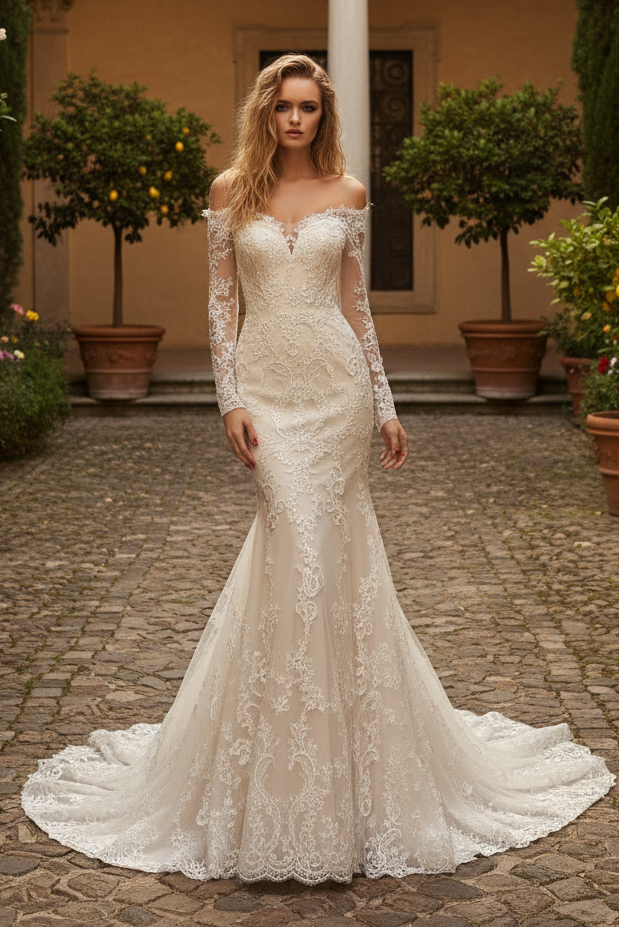 Beautiful Long White Mermaid Off-the-shoulder Lace Appliques Wedding Dress
