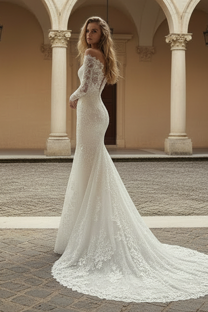 Beautiful Long White Mermaid Off-the-shoulder Lace Appliques Wedding Dress