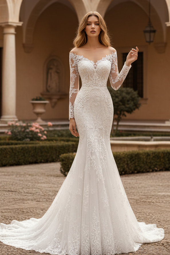 Beautiful Long White Mermaid Off-the-shoulder Lace Appliques Wedding Dress