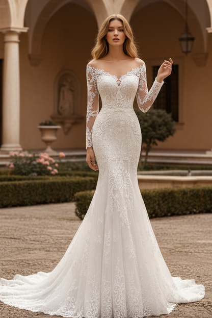 Beautiful Long White Mermaid Off-the-shoulder Lace Appliques Wedding Dress
