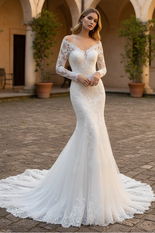 Beautiful Long White Mermaid Off-the-shoulder Lace Appliques Wedding Dress