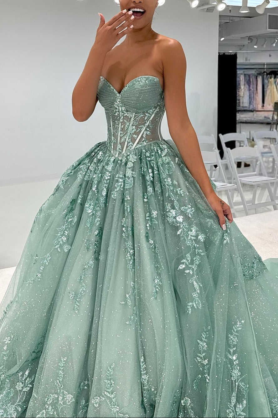 Beautiful A Line Sweetheart Green Corset Prom Dress with Appliques
