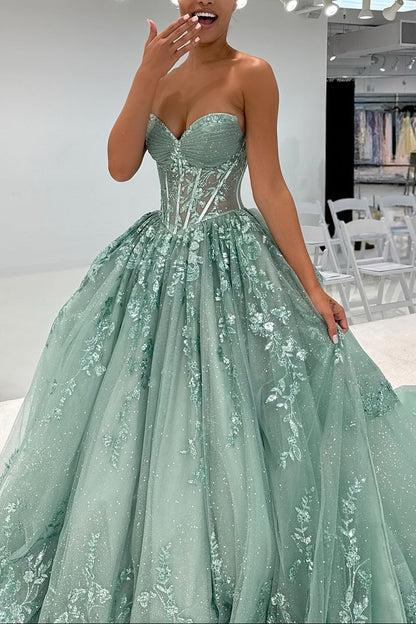 Beautiful A Line Sweetheart Green Corset Prom Dress with Appliques