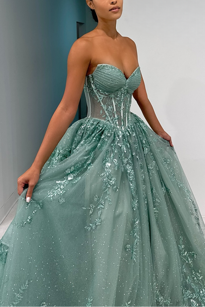 Beautiful A Line Sweetheart Green Corset Prom Dress with Appliques