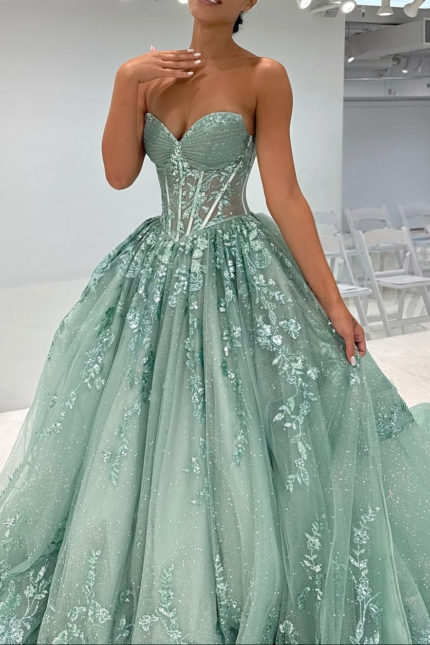 Beautiful A Line Sweetheart Green Corset Prom Dress with Appliques