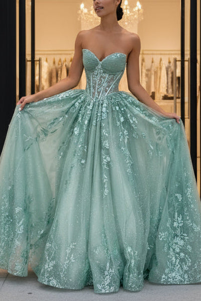 Beautiful A Line Sweetheart Green Corset Prom Dress with Appliques