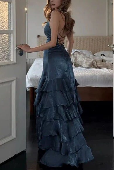 Gorgeous A Line Spaghetti Straps Navy Blue Long Prom Dress with Ruffles