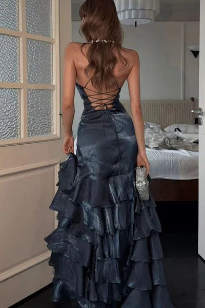 Gorgeous A Line Spaghetti Straps Navy Blue Long Prom Dress with Ruffles
