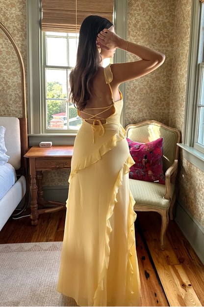 Beautiful Sheath Spaghetti Straps Yellow Long Prom Dress with Ruffles