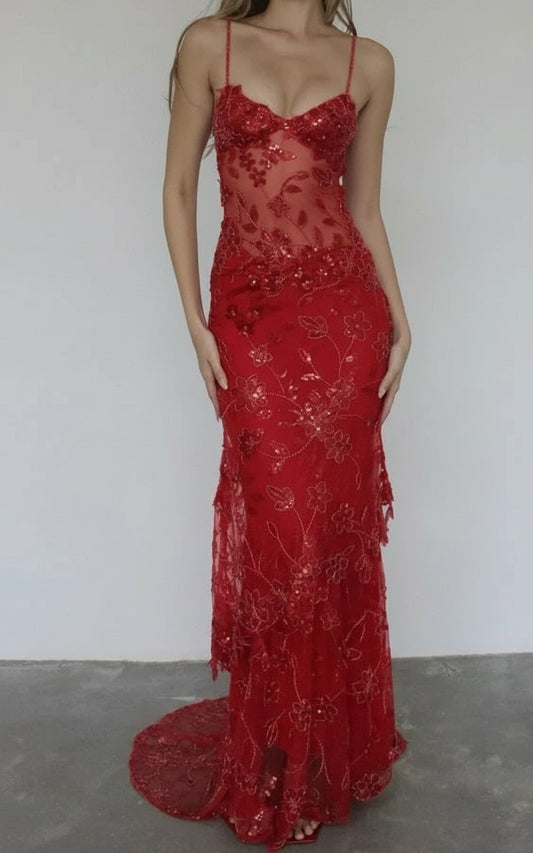 Beautiful Spaghetti Straps Birthday Party Dresses Red Lace Prom Dresses