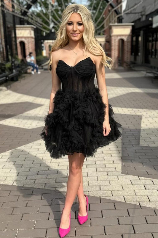 Black A-Line Strapless Short Tulle Homecoming Dress With Ruffle