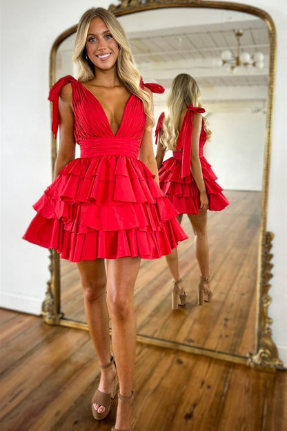 Black A-Line V-Neck Short Tiered Satin Homecoming Dress