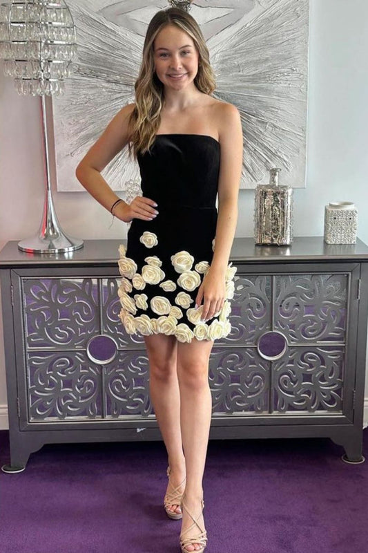 Black Bodycon Strapless Short Tight Homecoming Dress With 3D Flowers