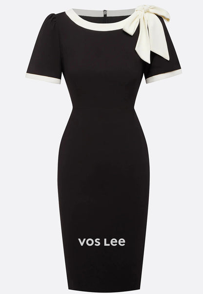 Short Sleeve Scoop Ruched Bowknot Knee-Length Sheath Wedding Guest Dresses