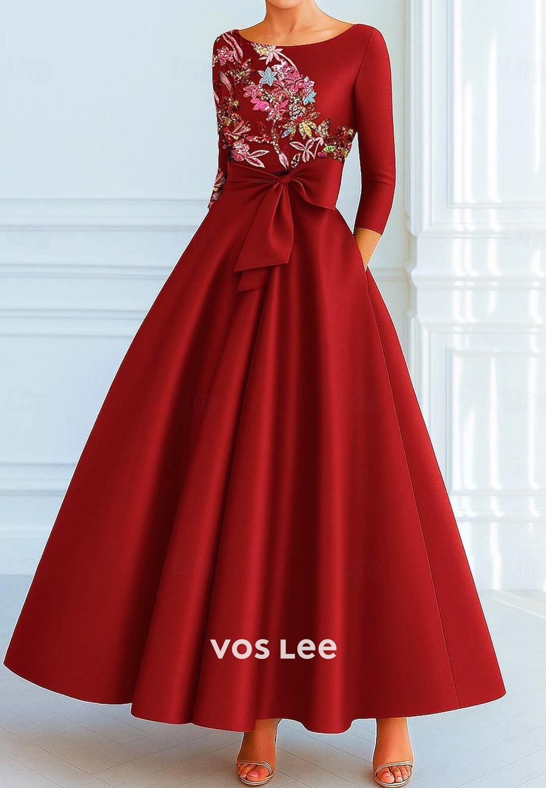A-Line 3/4 Sleeve Scoop Appliques Ankle-Length Evening Dresses with Pocket