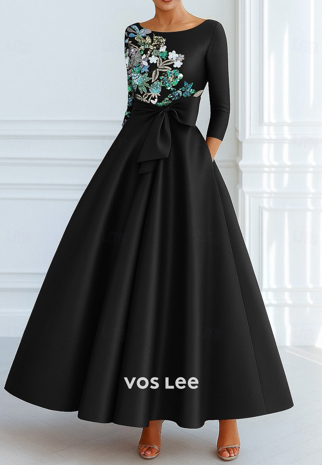 A-Line 3/4 Sleeve Scoop Appliques Ankle-Length Evening Dresses with Pocket