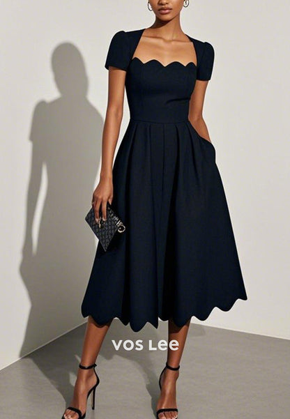 Simple A-Line Short Sleeve Queen Anne Ankle-Length Wedding Guest Dresses