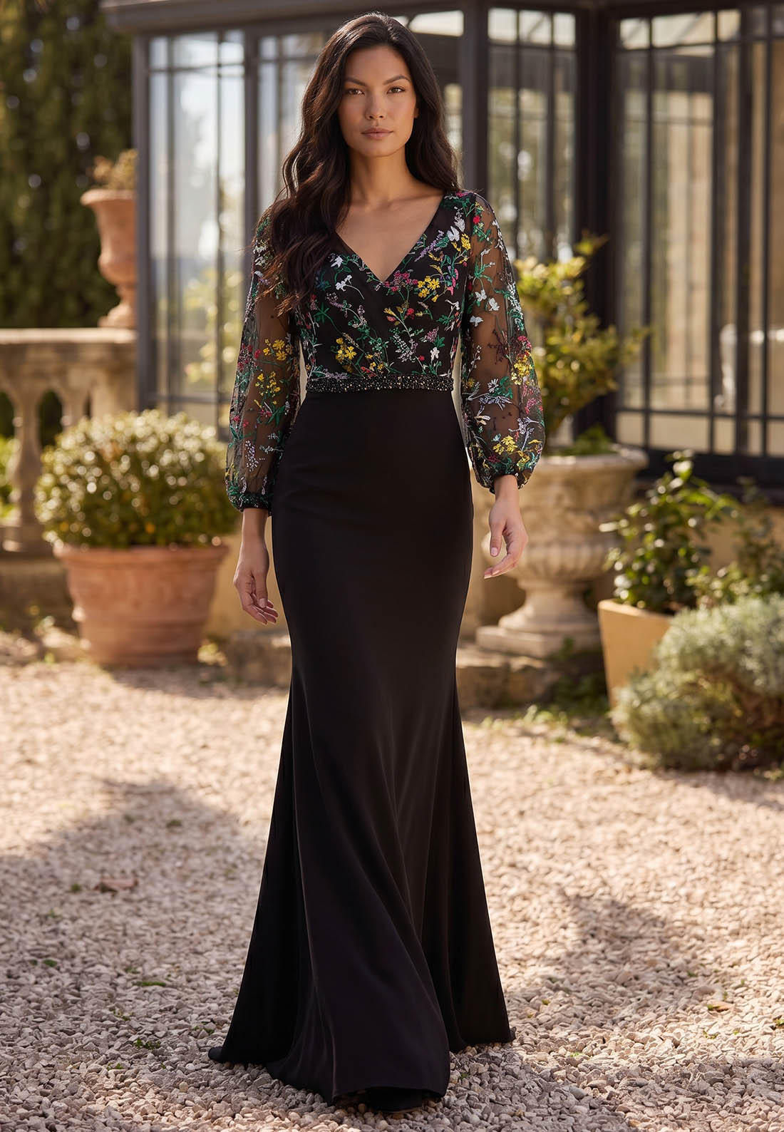 Black Long Sleeves V-Neck Appliques Empire Waist Mother of the Bride Dress