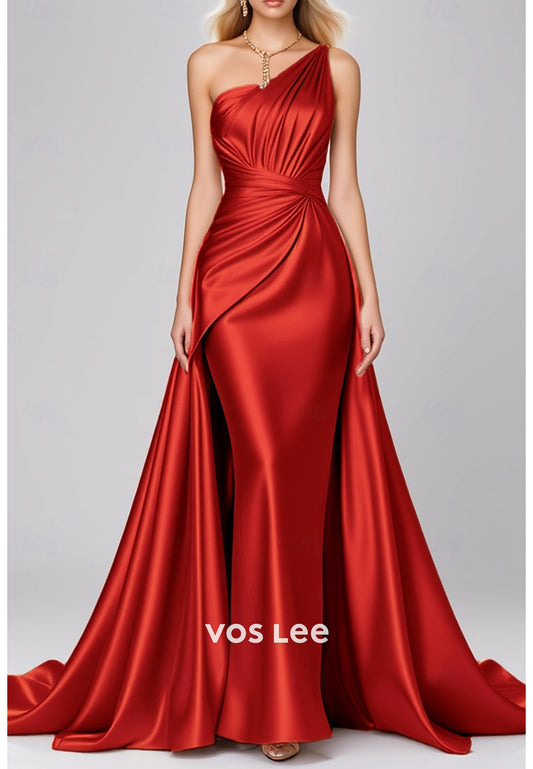 Classic One Shoulder Mermaid Pleated Evening Dresses with Court Train