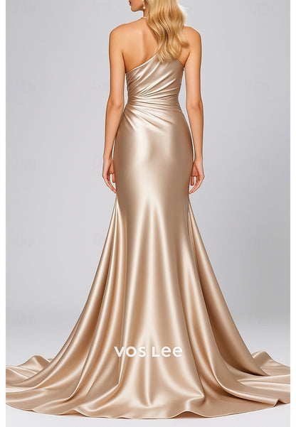 Classic One Shoulder Mermaid Pleated Evening Dresses with Court Train