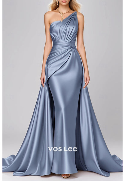 Classic One Shoulder Mermaid Pleated Evening Dresses with Court Train