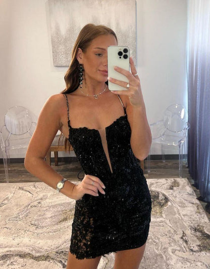 Black Spaghetti Straps Lace Up Short Glitter Homecoming Dress