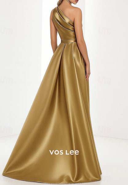 One Shoulder Floor-Length Ruched Sheath Evening Dresses with Split