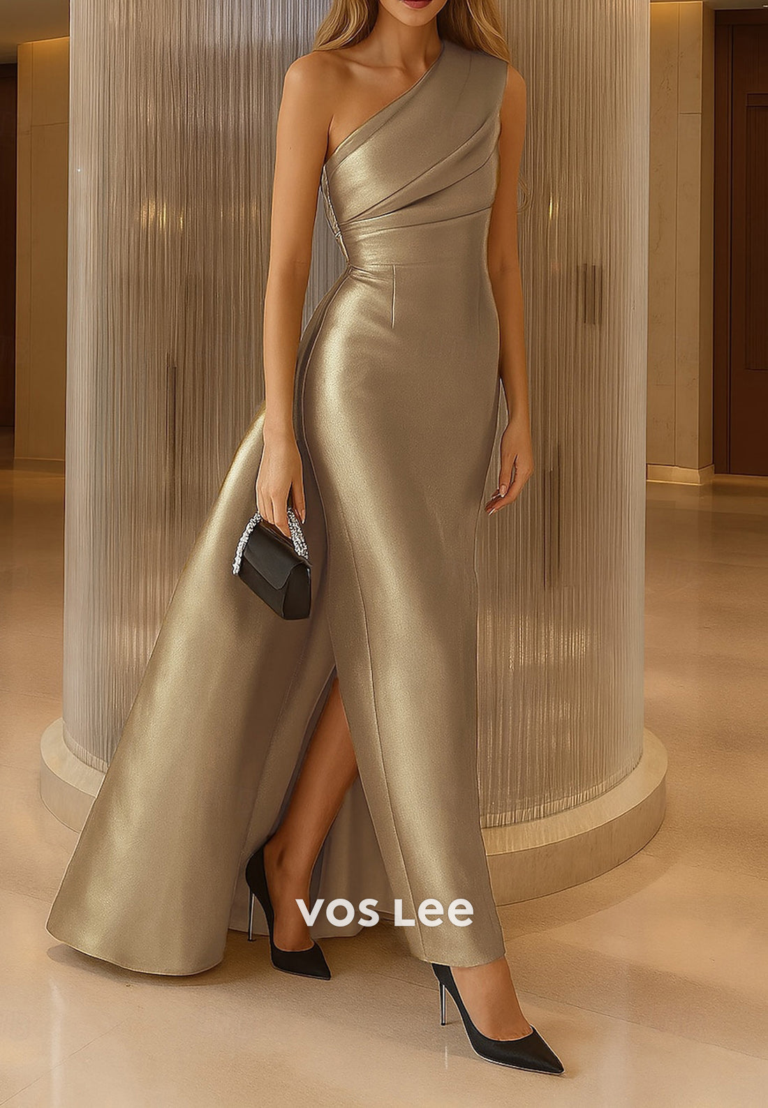 One Shoulder Floor-Length Ruched Sheath Evening Dresses with Split
