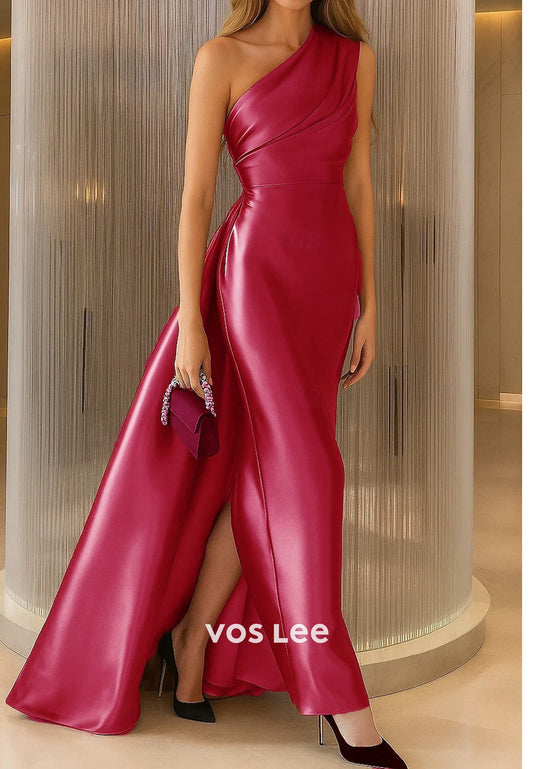 One Shoulder Floor-Length Ruched Sheath Evening Dresses with Split