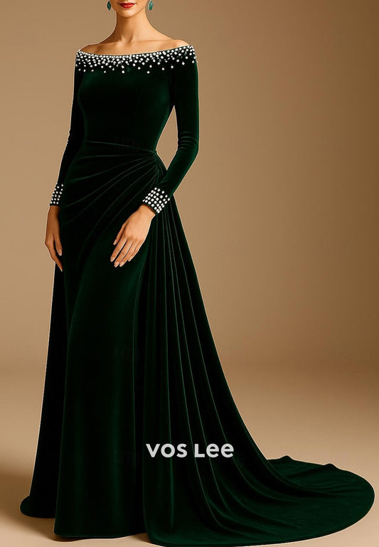 Black A-Line Velvet Long Sleeve Pearl Off the Shoulder Evening Dresses with Court Train