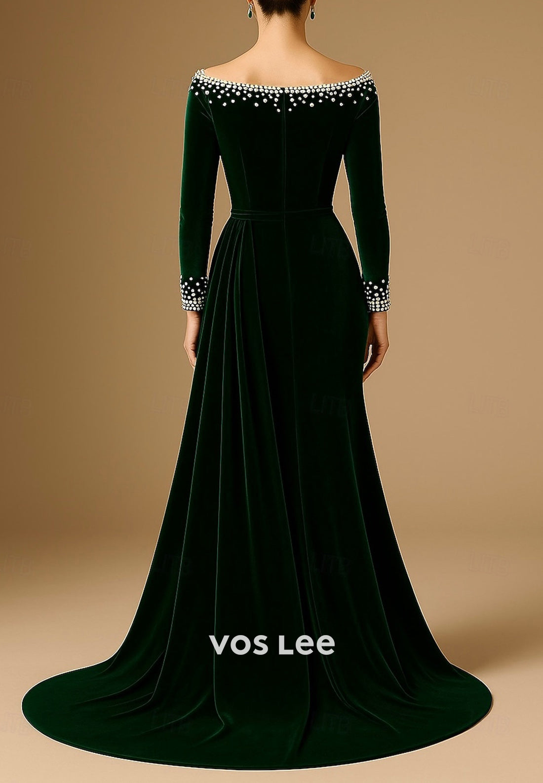Black A-Line Velvet Long Sleeve Pearl Off the Shoulder Evening Dresses with Court Train