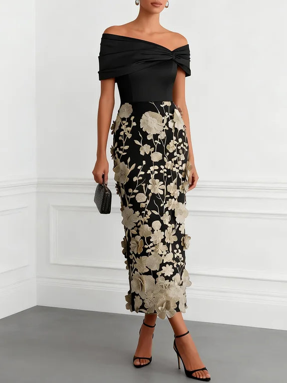 Off-Shoulder Floral Applique Midi Dress