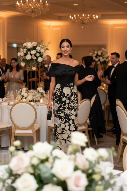 Off-Shoulder Floral Applique Midi Dress