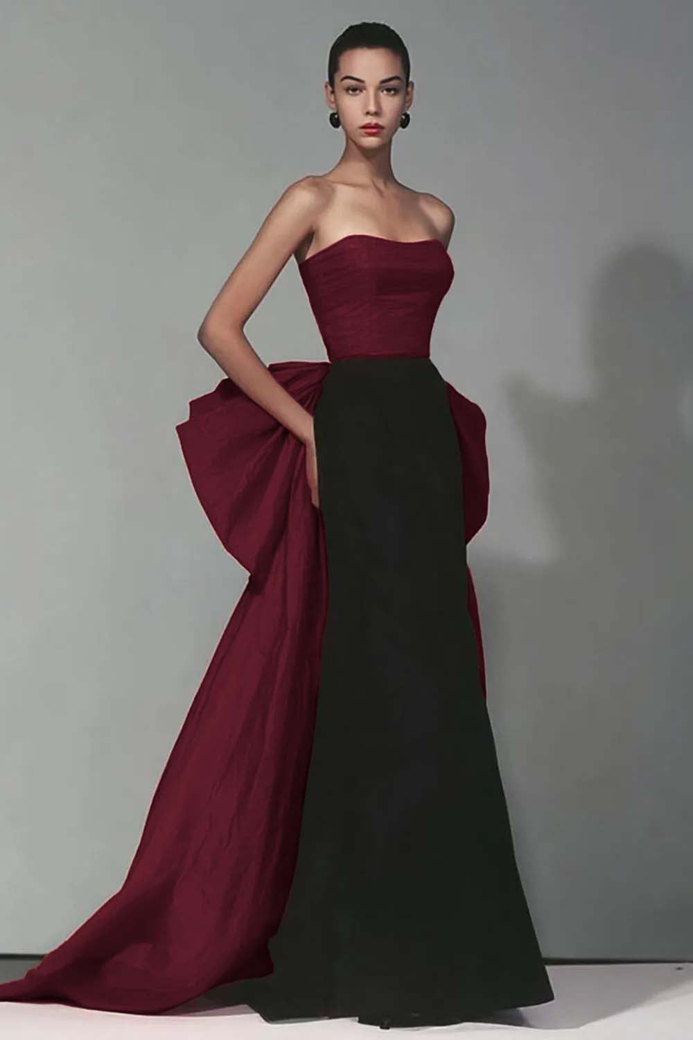 Black and Red Strapless Mermaid Long Formal Dress with Bow