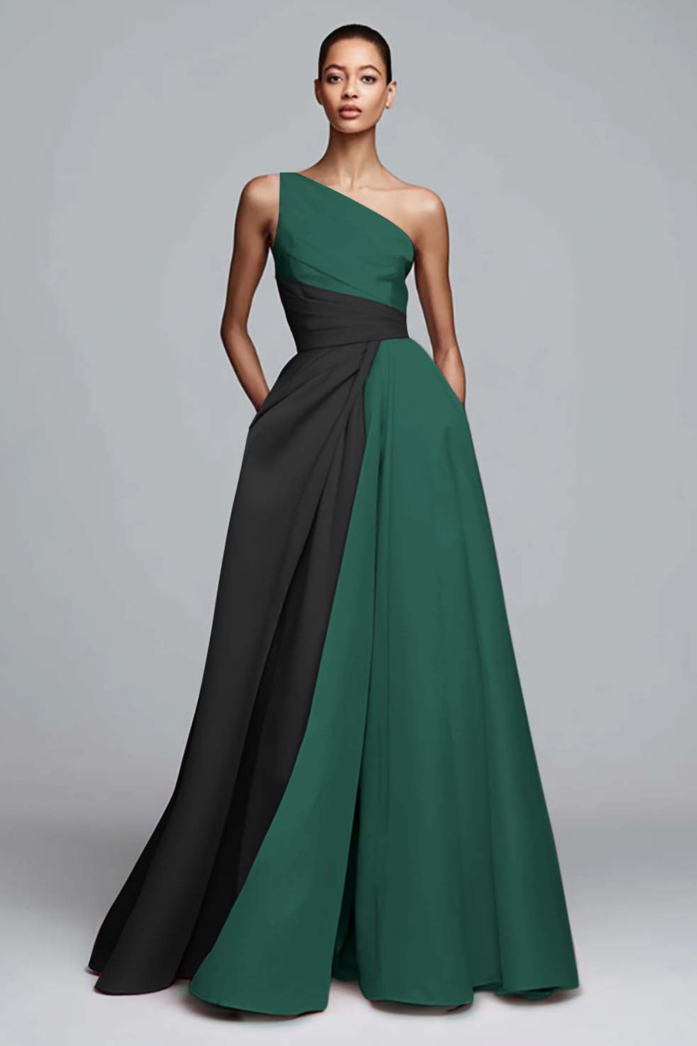 Pink Colorblock A-Line One Shoulder Formal Dress