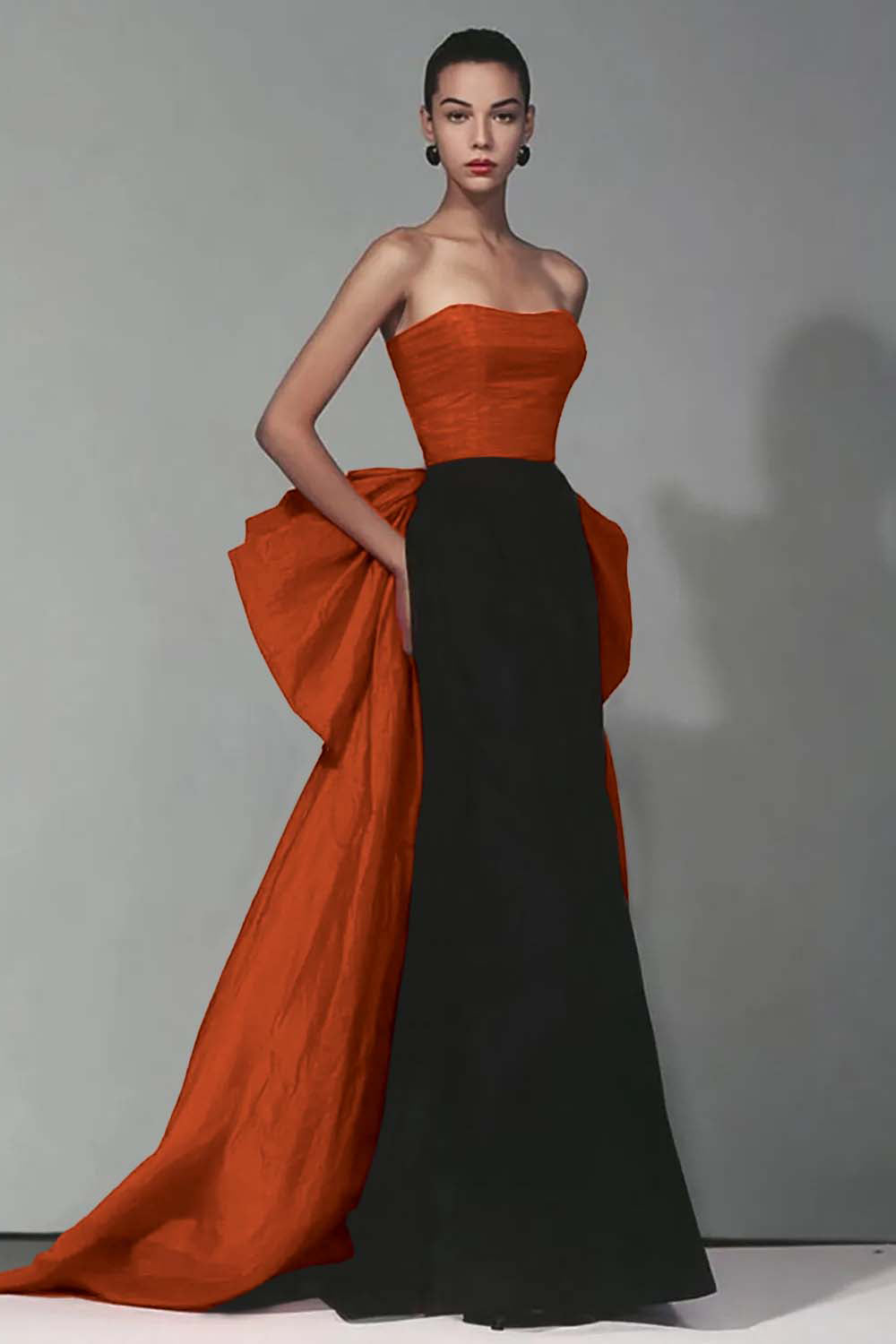 Black and Red Strapless Mermaid Long Formal Dress with Bow