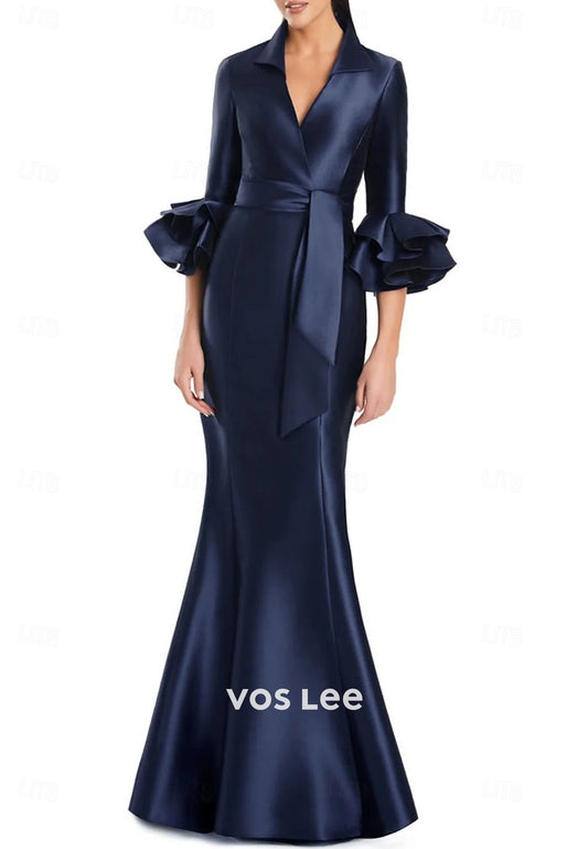 Chic & Modern V Neck Half Sleeve Trumpet Floor-Length Pleated Evening Dresses
