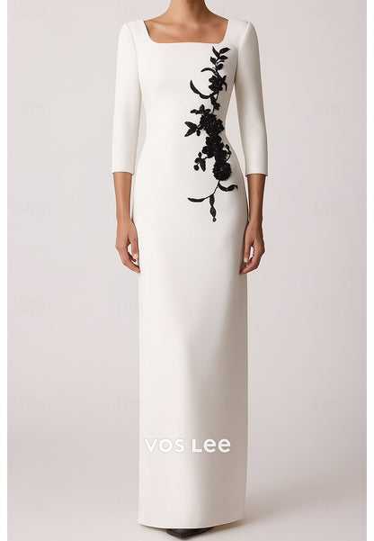 Classic 3/4 Sleeve Square Appliques Sheath Wedding Guest Dresses