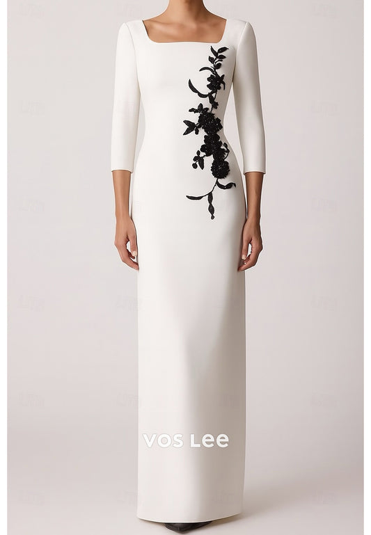 Classic 3/4 Sleeve Square Appliques Sheath Wedding Guest Dresses