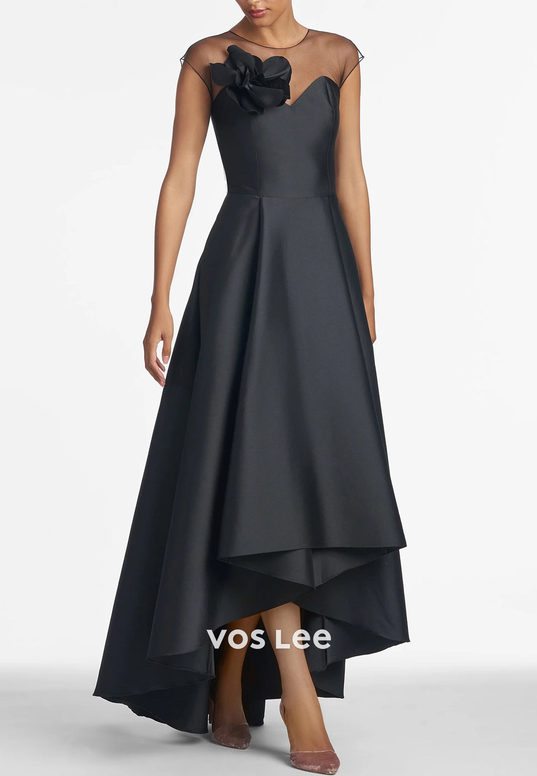 Simple & Classic High Low Illusion Neck Floral Embellished Pleated Mother of Bride Dresses
