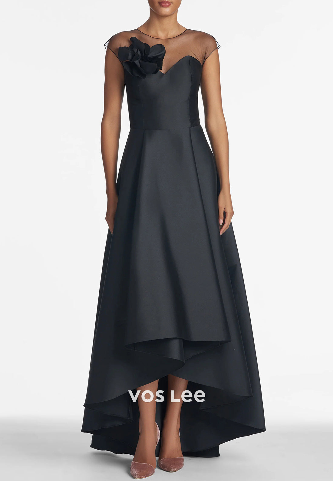 Simple & Classic High Low Illusion Neck Floral Embellished Pleated Mother of Bride Dresses