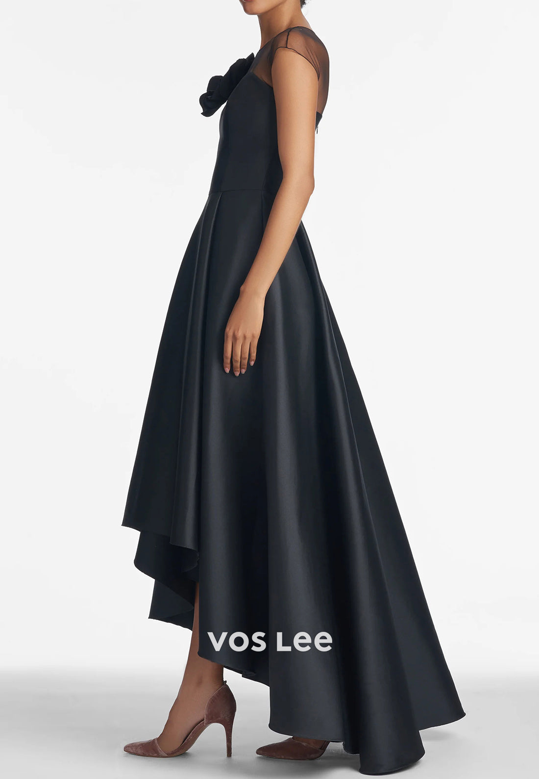 Simple & Classic High Low Illusion Neck Floral Embellished Pleated Mother of Bride Dresses